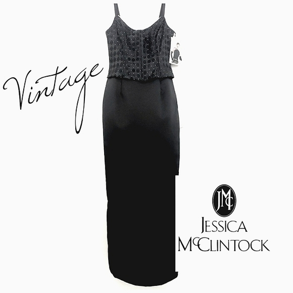 Jessica McClintock Dresses & Skirts - Nwt Vintage Jessica McClintock Black Matte Satin Gown  Rhinestone Trim B…